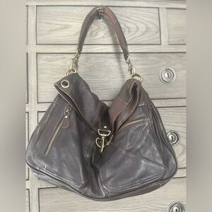 DeDe Dark Brown Leather Shoulder Bag with Brass Accents, Tons ofPockets, Zip Top